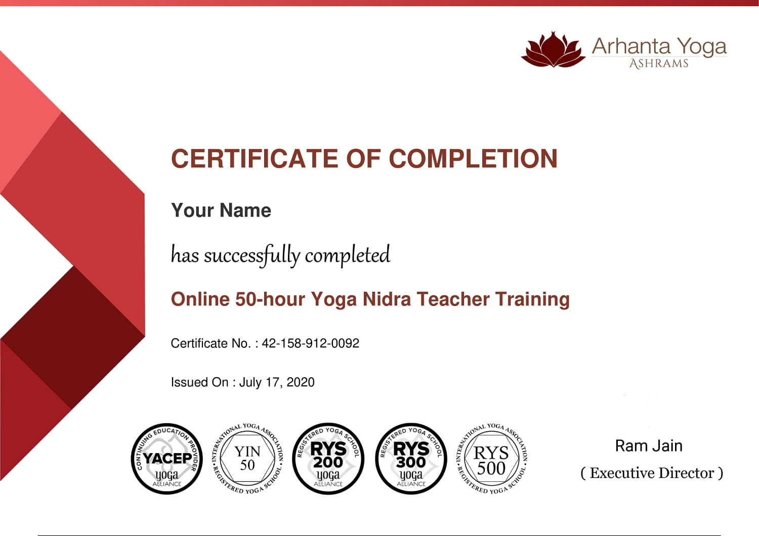 Yoga nidra Certificate sample